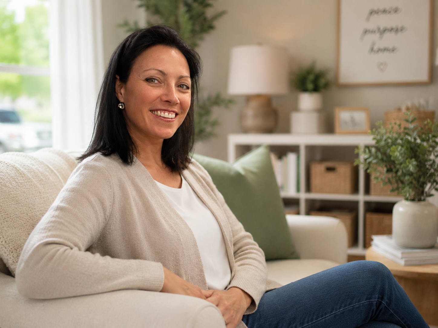 Izette van Jaarsveld, founder of CleanHome Living, seated in a calm, organized living room