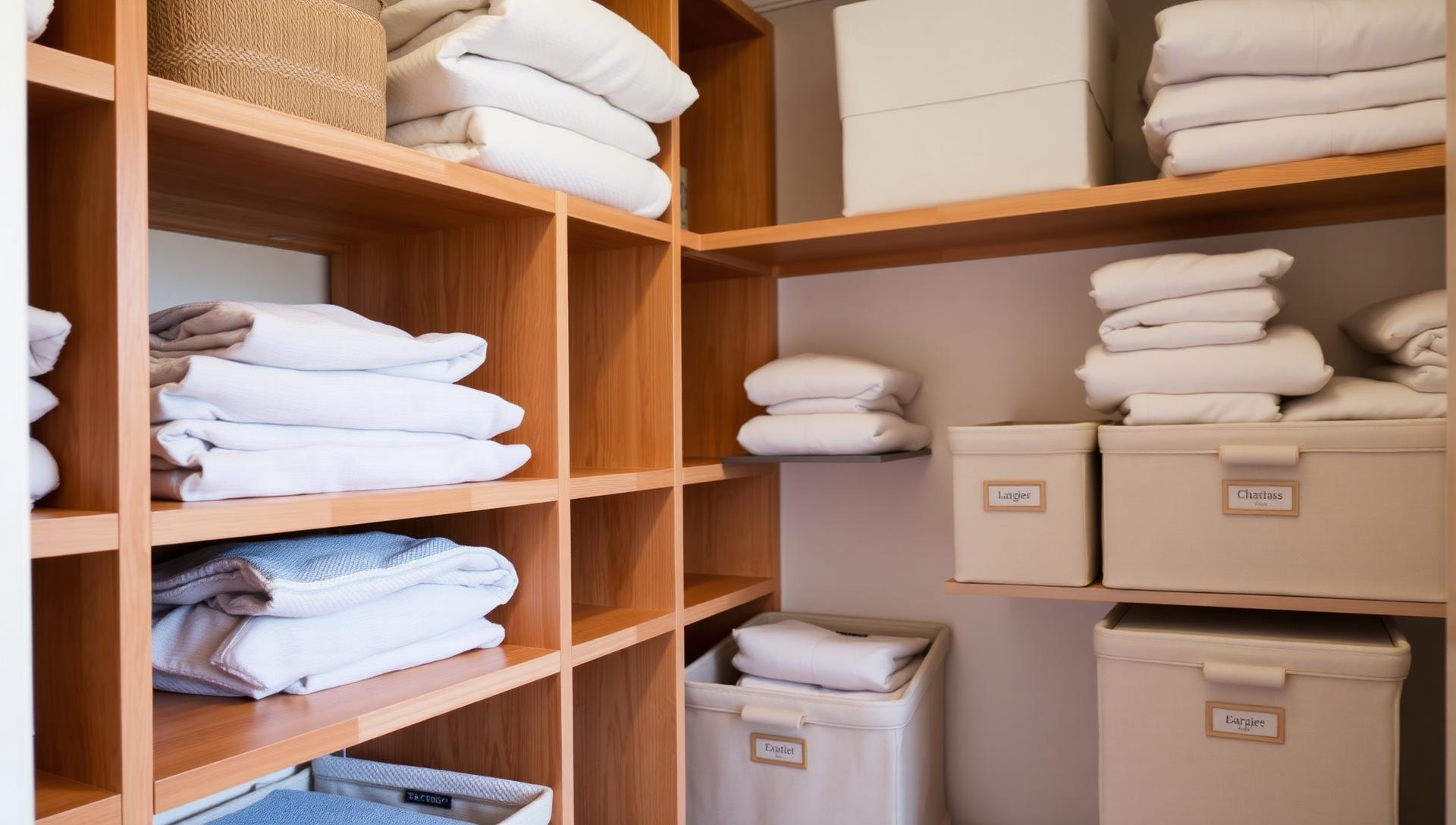 Organized linen closet with labeled fabric boxes on existing wooden shelves